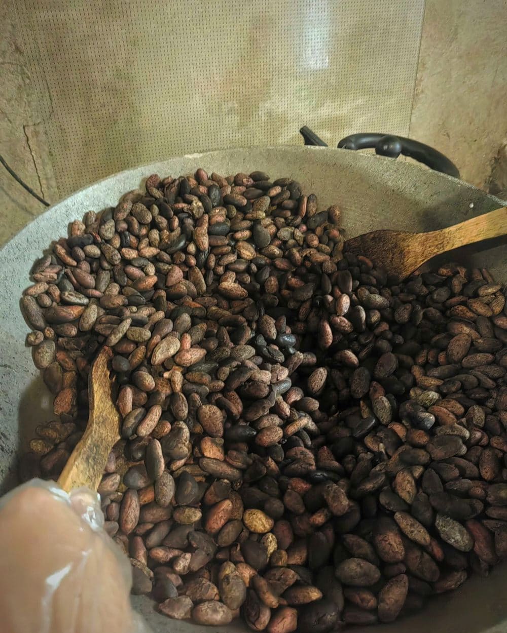 Whole cacao beans being roasted in small batches in the Mercy's Tablea kitchen